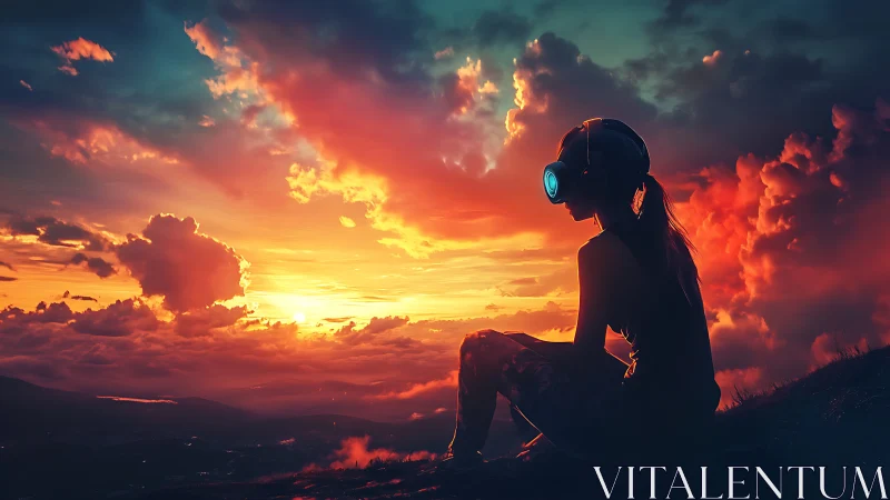 Girl in neon headset watches a surreal neon sunset horizon