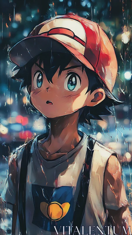 Young anime boy in cap standing in rainy city scene.