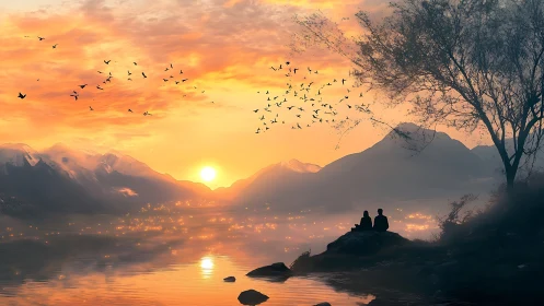 Sunset serenity shared by two friends beside quiet waters.