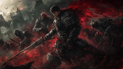 Armored dark knight leading bloodlit battlefield charge