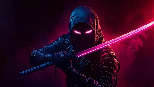 Cyberpunk neon ninja with katana under magenta vapor lighting.