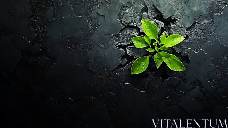 Vivid green plant emerging through fractured matte black surface