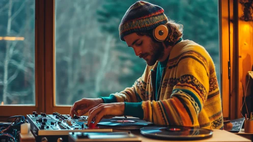 Cozy cabin DJ gently mixing vinyl against a forest view