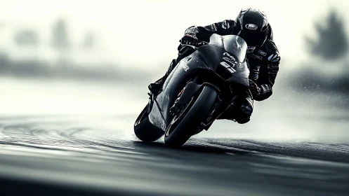 Motorcycle racer leans into wet track corner at high speed
