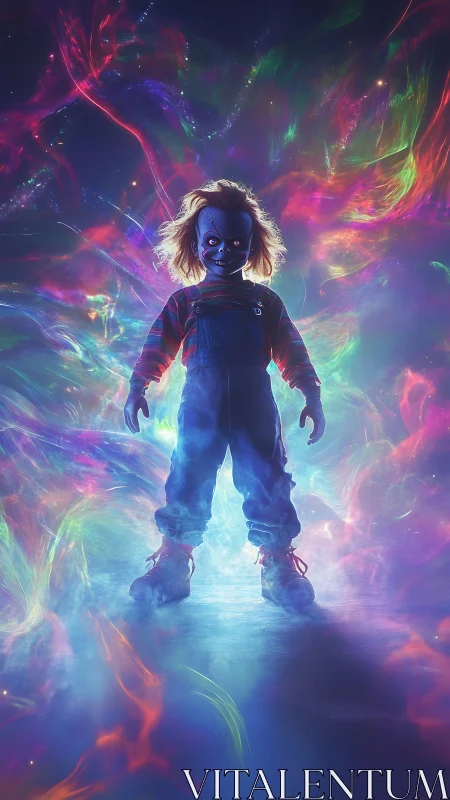 Sinister doll emerges within swirling neon cosmic vortex.