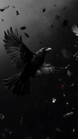 Monochrome raven in dramatic vertical flight composition.