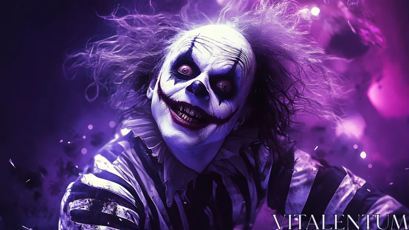 Chromatic horror clown portrait in violet spectral lighting.