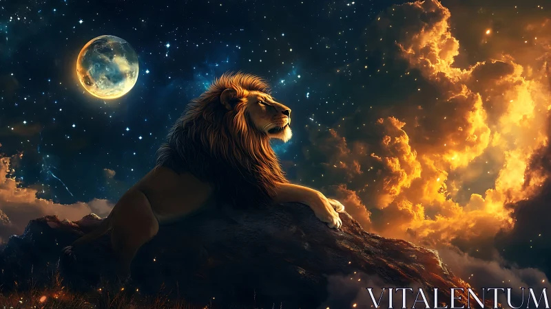 Celestial lion rendered on rocky outcrop under luminous nebula sky