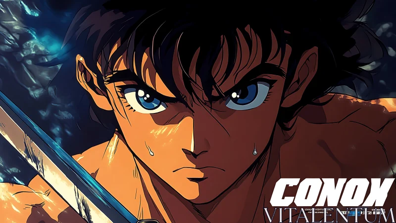 Determined anime hero locks eyes with danger and stands firm