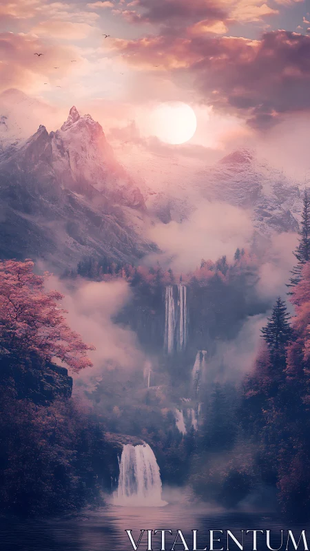 Dreamlit cascades beneath cotton-candy mountains at dusk.