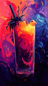 Neon Cocktail with Tropical Flower and Gradient Abstract Background