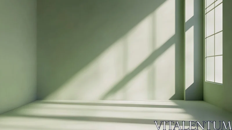 Minimalist sunlit room with long window shadows.