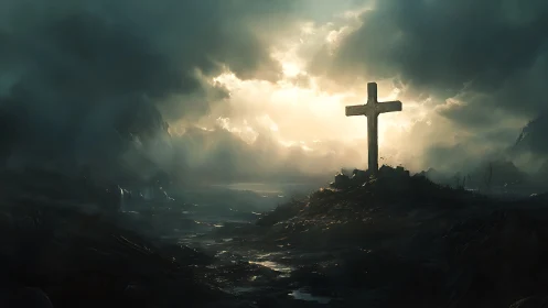 Backlit stone cross on storm-swept wasteland under rifted clouds.