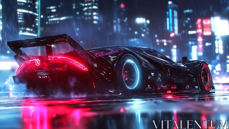 Futuristic neon race car on wet city street at night.