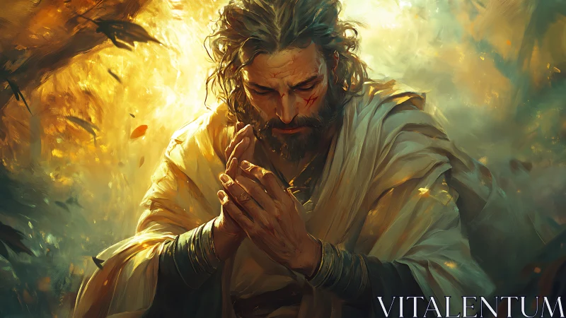 Solitary robed man prays amid radiant swirling light.