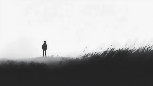 Solitary figure contemplates in a windswept monochrome field.