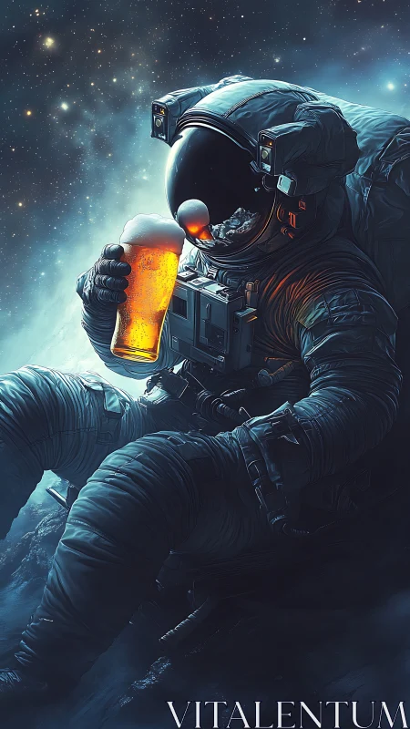 Rendered astronaut holds illuminated beer glass in space
