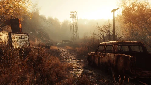 Rusty car and overgrown dirt road under hazy sunrise light