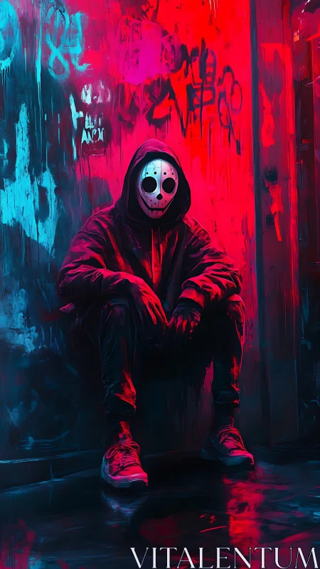 Hooded urban specter under neon bicolor chromatic field.