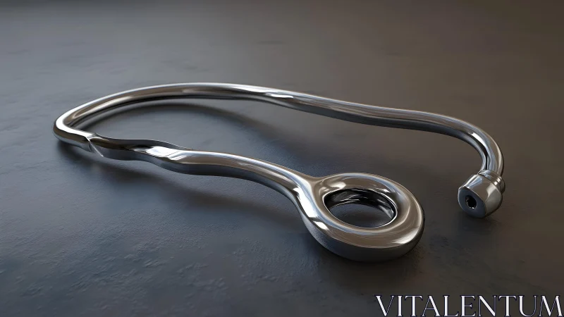 Futuristic metallic stethoscope on dark surface, 3D render style.