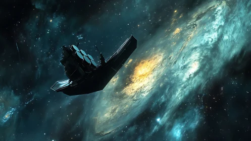 Deep-space observatory drifting beside luminous galaxy.