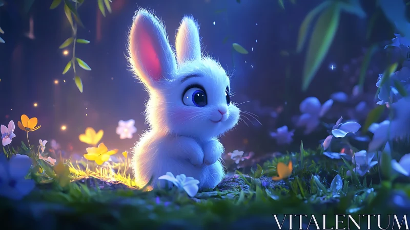 Tiny moonlit bunny glowing softly in a dreamy forest.