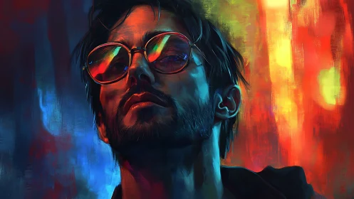 Stylized male portrait with glasses in neon urban lighting.