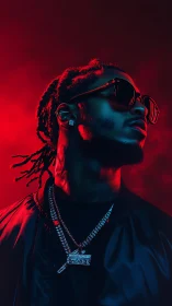 Red gel portrait of man in sunglasses with diamond chains