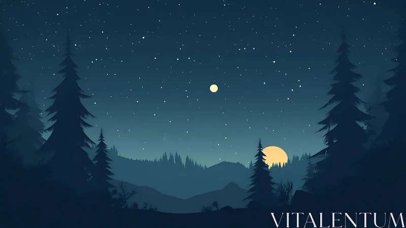 Moonlit Forest Valley with Stars and Pine Trees.