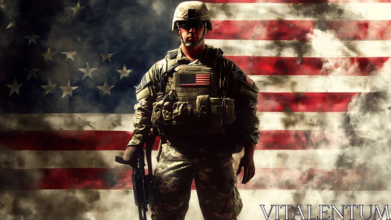 US soldier stands before flag in dramatic battlefield smoke.