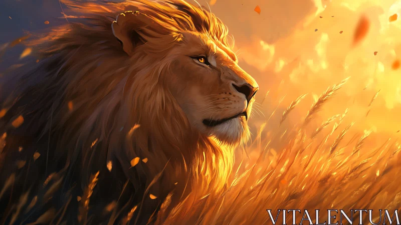 Golden sunset lion gazes calmly across glowing savanna