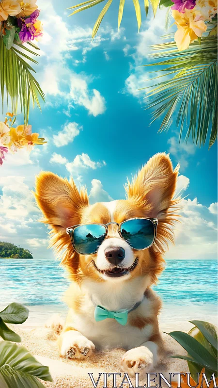 Dog wearing sunglasses lies on tropical beach in daylight