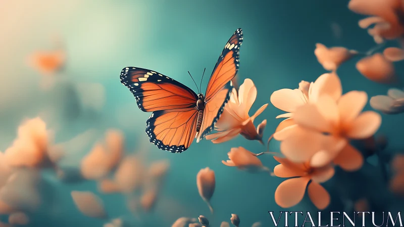 Monarch drifts through teal dusk, kissing peachy blossoms