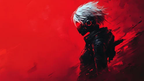 Crimson echo drifter with white hair in glitching shadows.