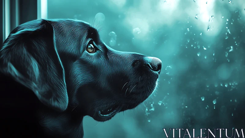Dog observes rain through window in cool teal lighting