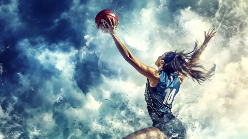 Dynamic female basketball player soars through stormy clouds
