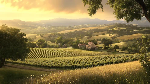 Sunlit hillside vineyard estate under soft golden sky.