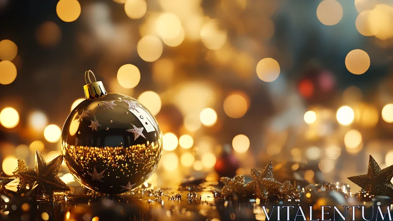 Golden Christmas ornament rests amid warm festive bokeh