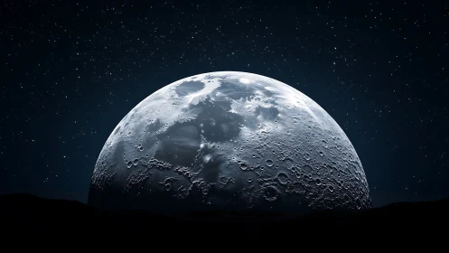Massive lunar surface rising over dark alien horizon.