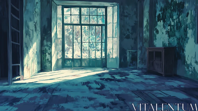 Sunlit abandoned room with peeling walls and tall windows.