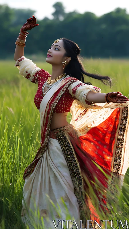 Graceful meadow dancer in red and ivory sari, sunlit in motion.