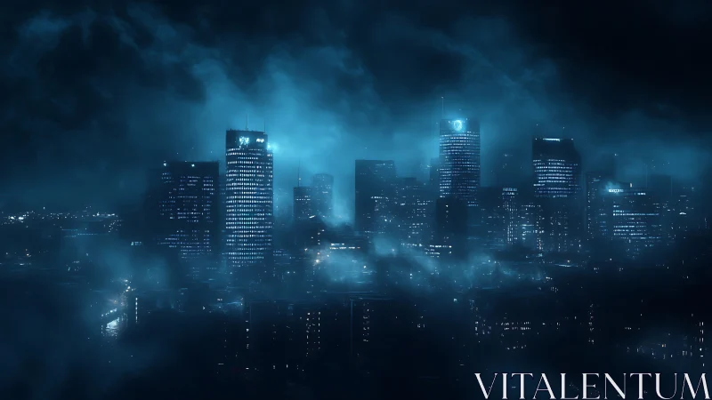 Nocturnal skyline rendered in high-contrast cyan fog illumination