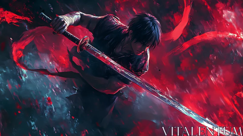 Sword wielding fighter lunges forward through red motion blur