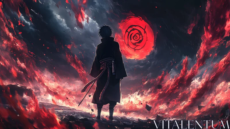 Silhouetted figure observes red vortex in a burning sky