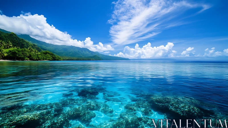 Coastal lagoon shows clear shallow reef and distant green headland