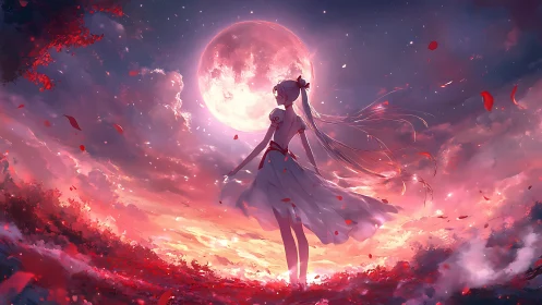 Moonlit petals whirl as the sky crowns a silent dreamer