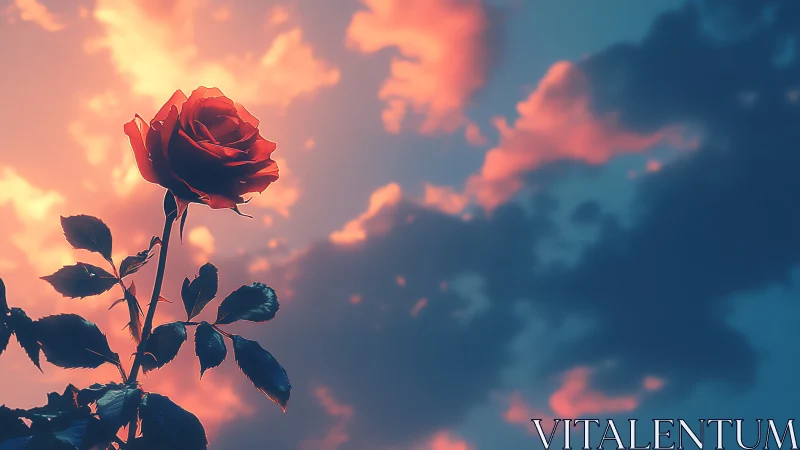 Red rose silhouette against dramatic sunset clouds and sky