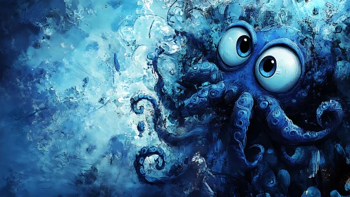 Wide-eyed blue octopus tumbles through a swirling sea dream.