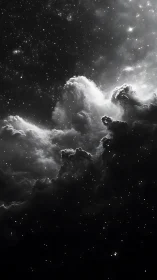 Monochrome interstellar cloud mass within dense star field.