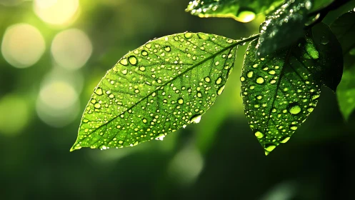 Close-up green leaves with fresh raindrops in sunlight.